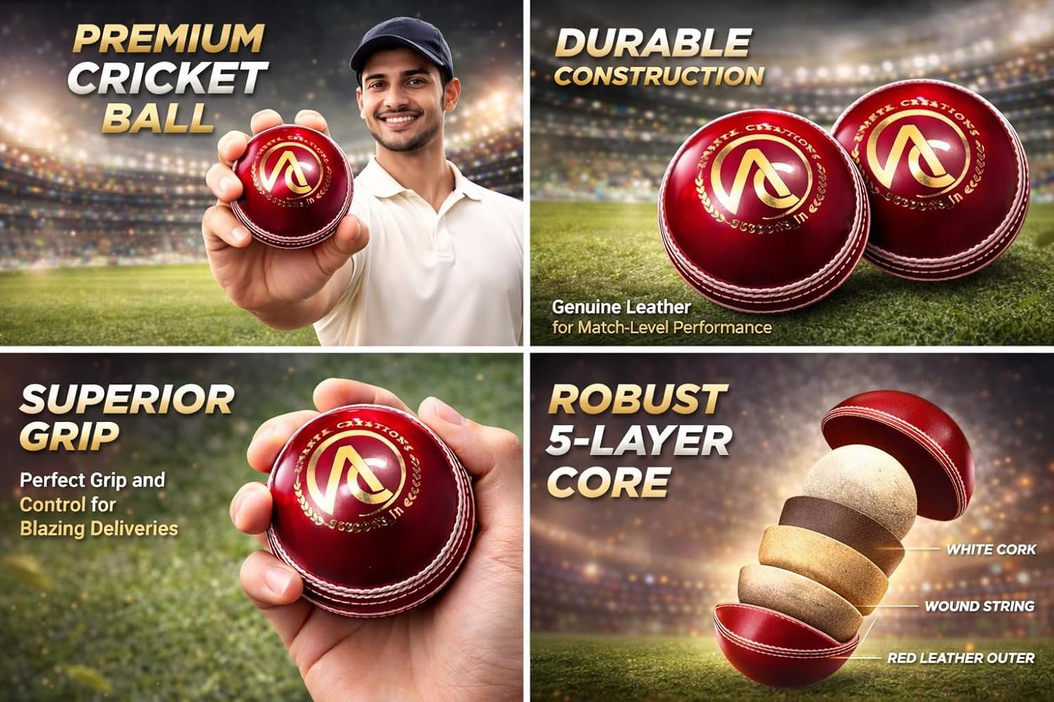 Ananya Creations Classic Red 4 piece Leather Cricket Ball –40 Overs (Test) -3.jpg