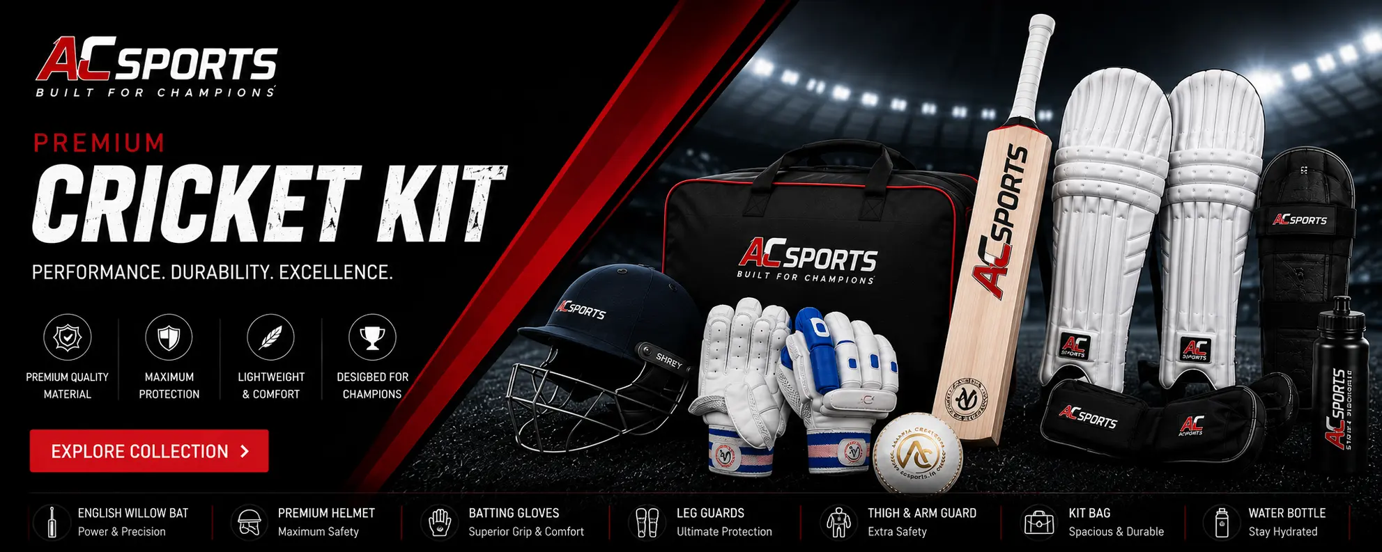 ANANYA CREATIONS premium cricket kit banner featuring English willow cricket bat, batting gloves, cricket helmet, leg guards, thigh guard, kit bag, leather cricket ball, arm guard, and professional cricket accessories in a stadium background.